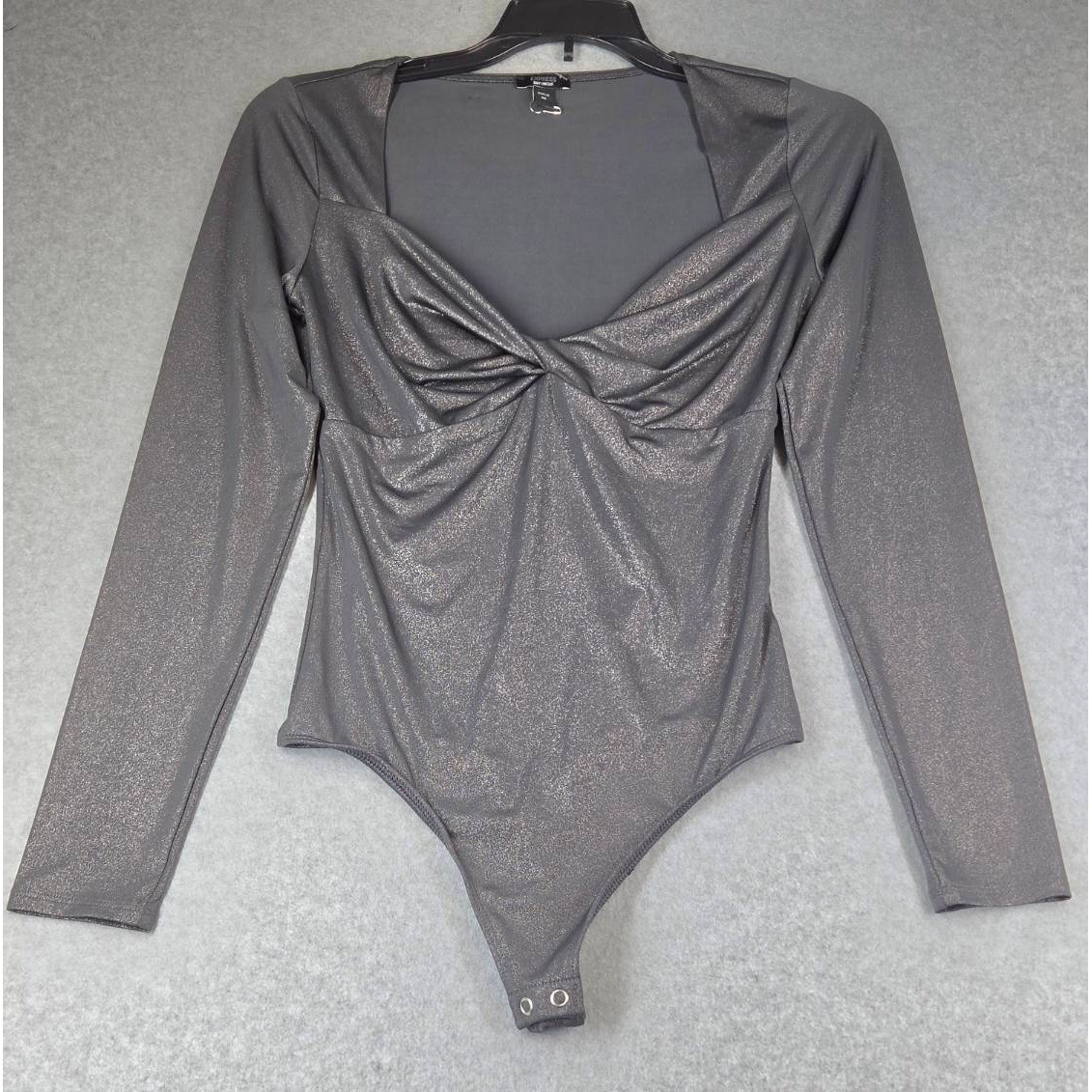 Express Body Contour Metallic Shimmer Twist Front Bodysuit Charcoal Grey XS Express Body Contour Metallic Shimmer Twist Front Bodysuit Charcoal Grey XS