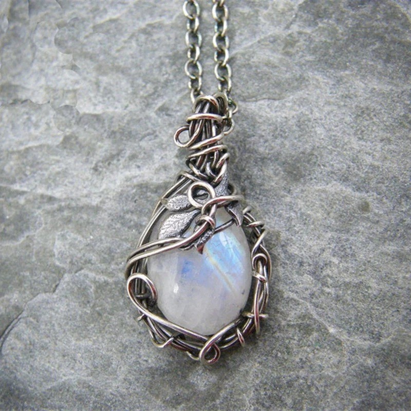 White Rainbow Moonstone Gemstone Silver Vintage Style Necklace- Pendant White Rainbow Moonstone Gemstone Silver Vintage Style Necklace- Pendant