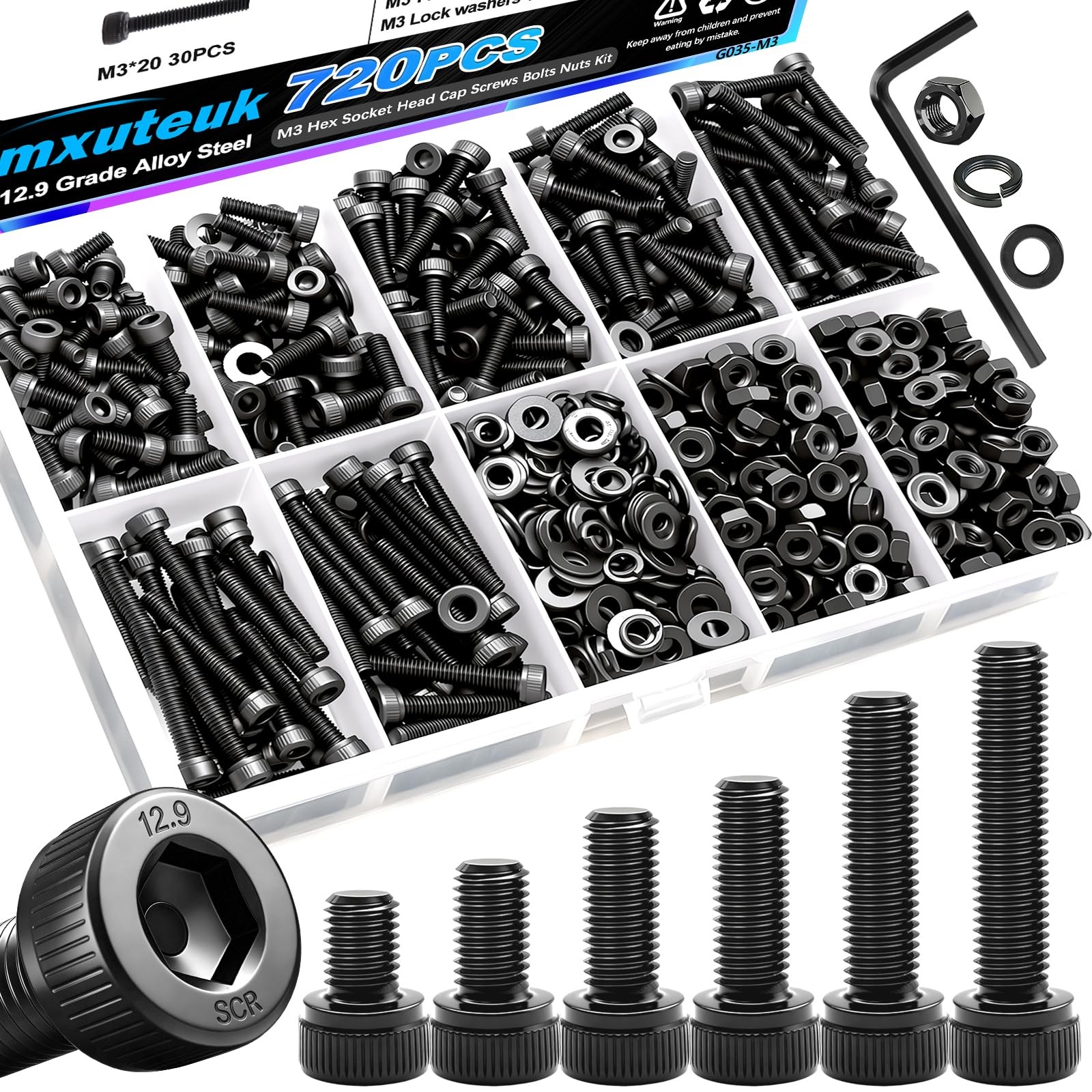 720PCS M3 Hex Socket Screw Nut Washer Assortment Kit 12.9 Alloy Steel Metric