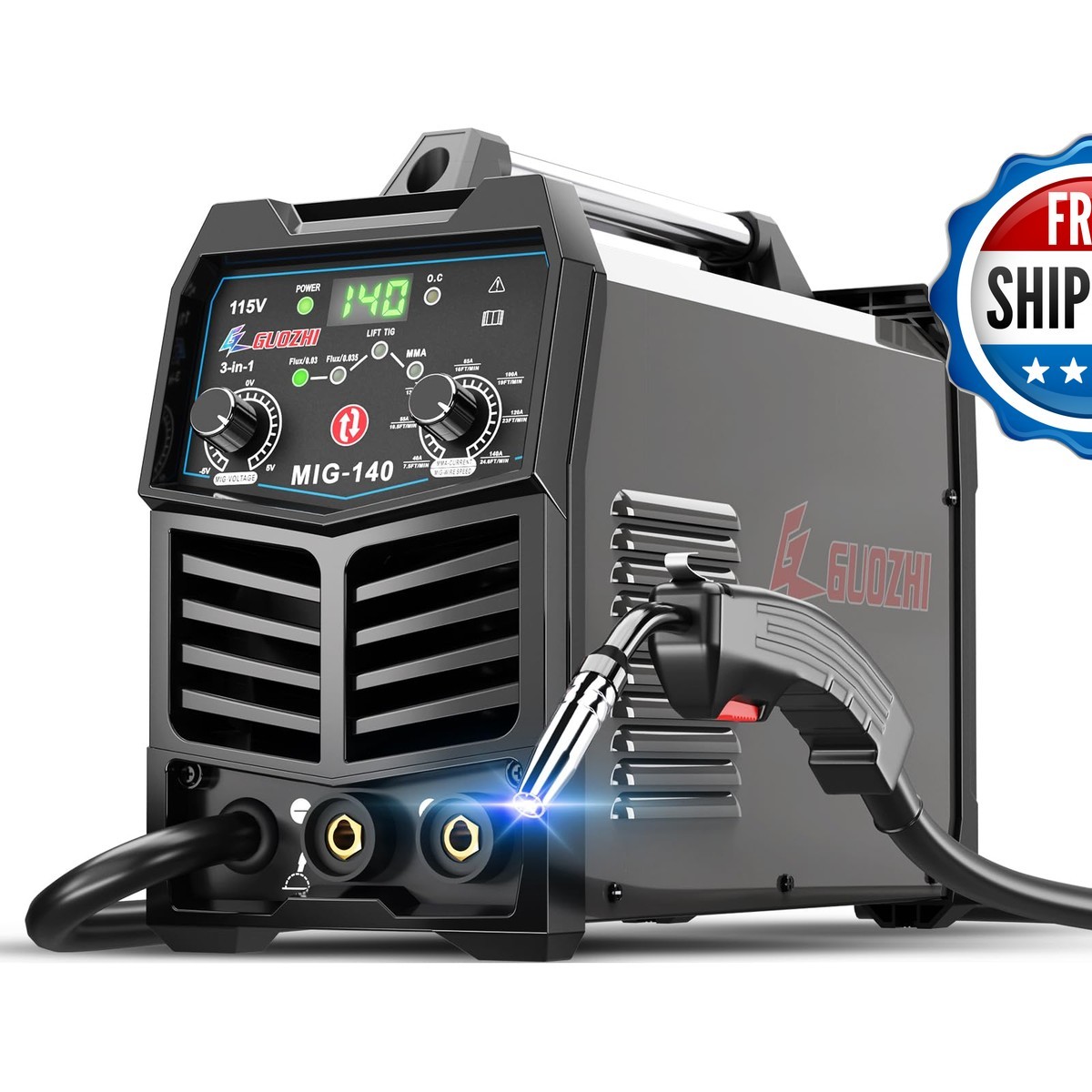 GZ GUOZHI 140A MIG Welder 3-in-1 FLUX MIG/ARC/Lift TIG Multi-Process 110V Black