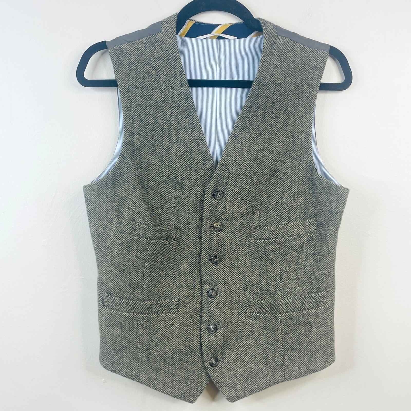 Merona Tweed Waistcoat Vest Mens Small Ivy Herringbone Wool Blend Retro Button
