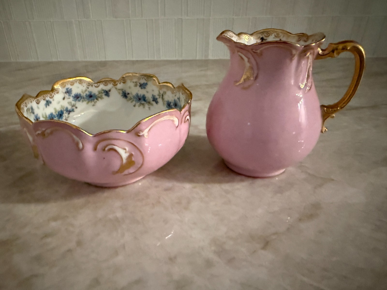 Haviland Limoges Vintage Pink Porcelain Creamer Pitcher & Matching Bowl