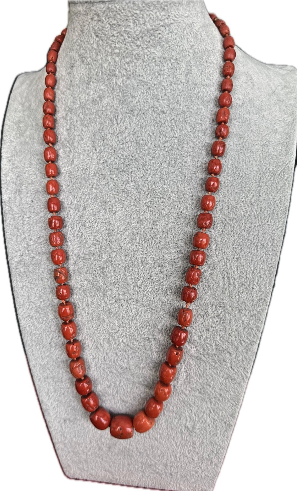 Vintage Red Coral Drum Bead Knotted Strand Necklace Spring Ring Clasp