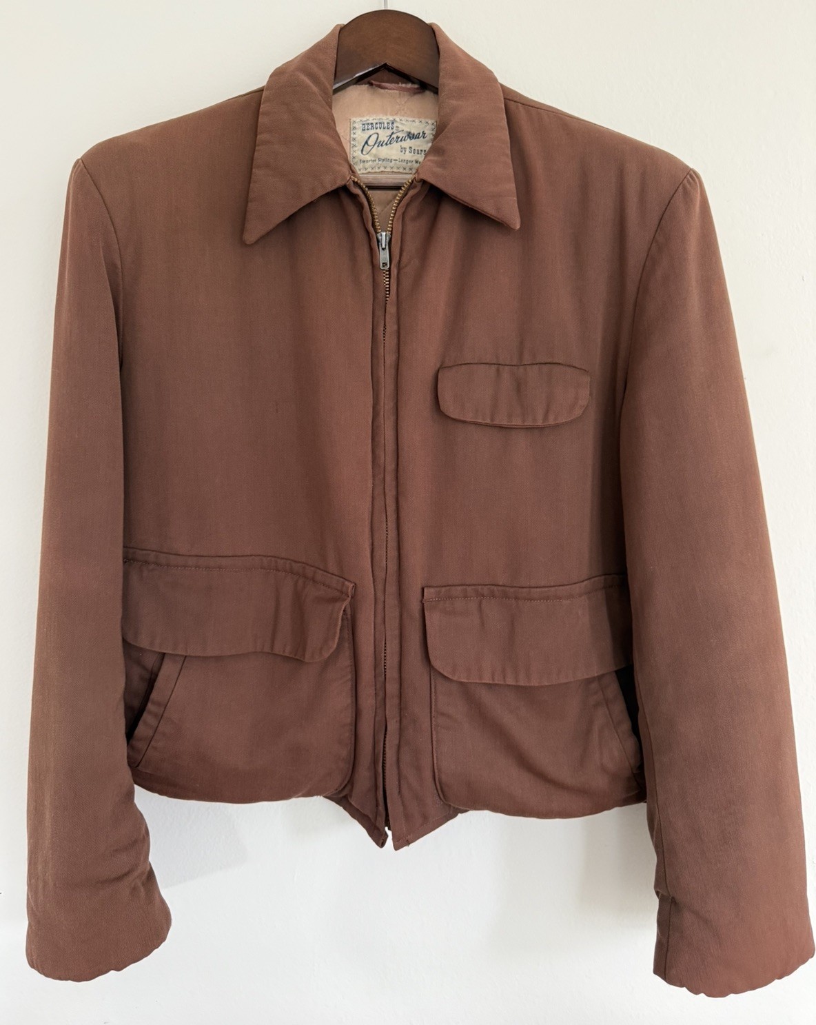 Vintage 1950s Hercules Sears Work Jacket Brown Workwear Quilted Lined fits S-M