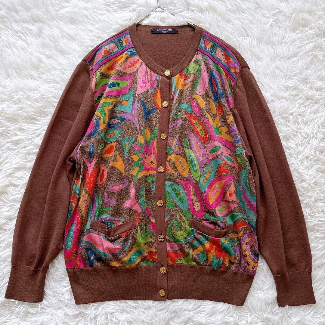 LEONARD Paris Silk Wool Print Front Cardigan Gold Buttons Brown Made in Japan L