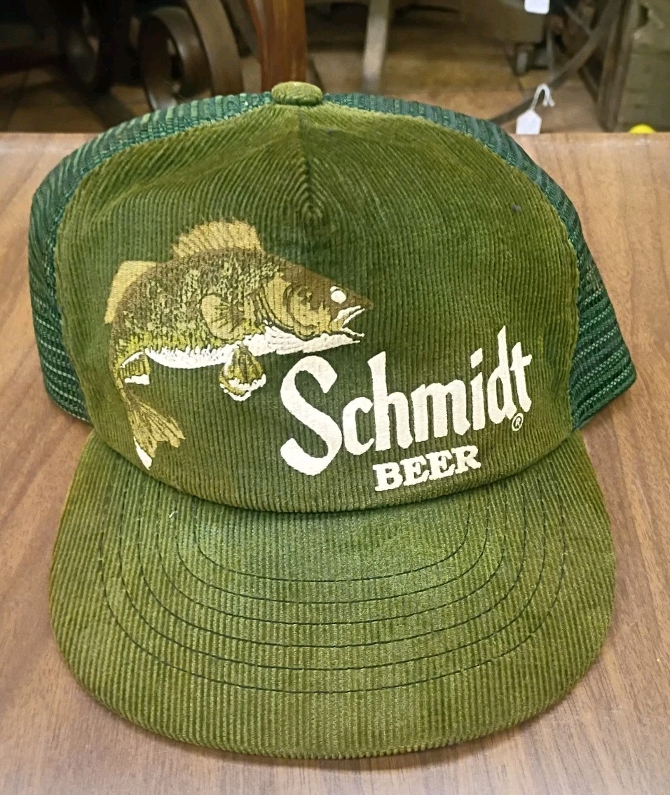 Vtg Schmidt Beer w/Fish Trucker Corduroy Snapback Hat Cap Made in USA Spartan