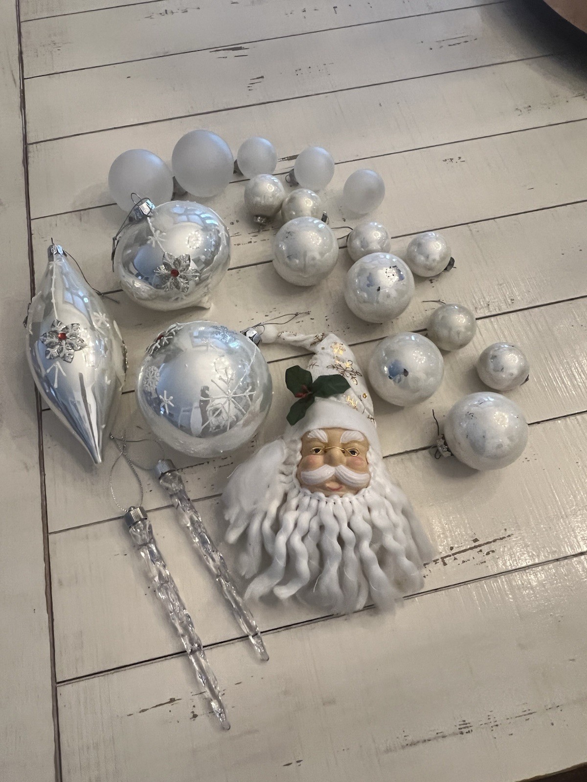 VTG 21 White Silver Glass Christmas Ornaments Lot Santa Head Icicles Snowflake VTG 21 White Silver Glass Christmas Ornaments Lot Santa Head Icicles Snowflake