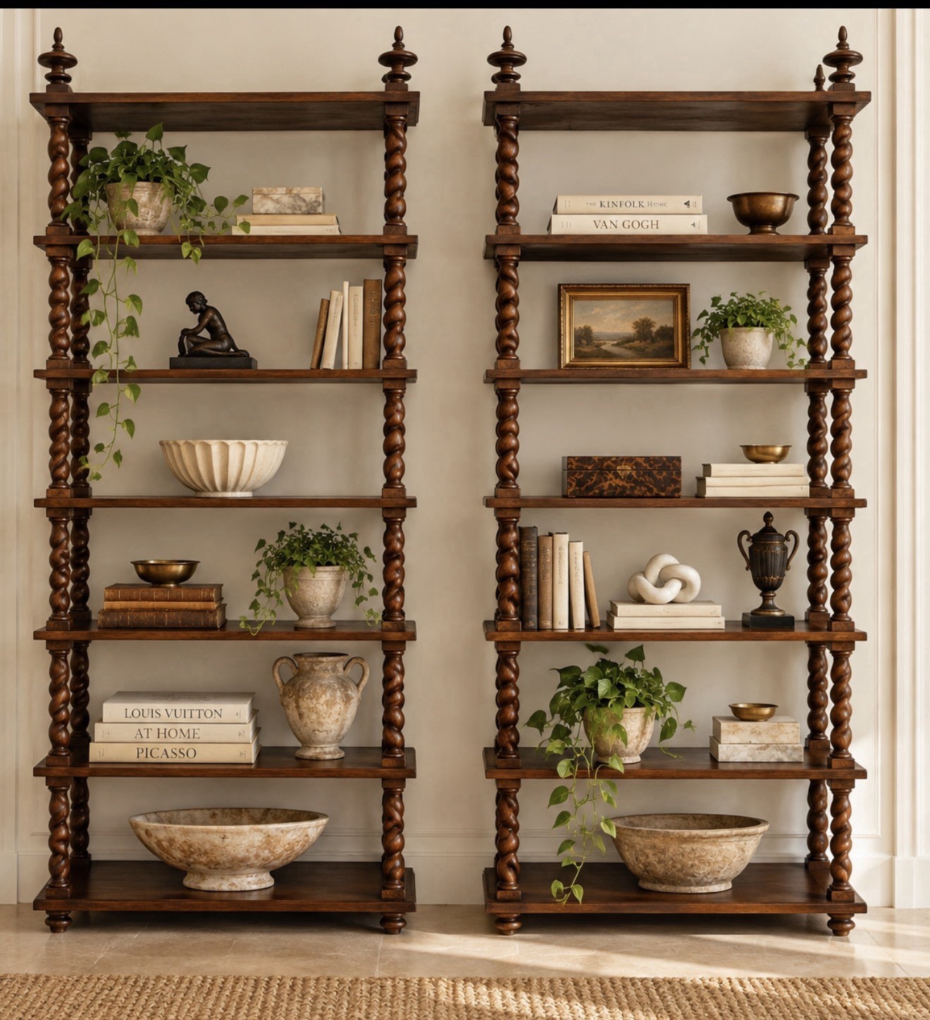 Pair Vintage Jacobean Revival Barley Twist Wood Étagères Bookcases 89” Tall