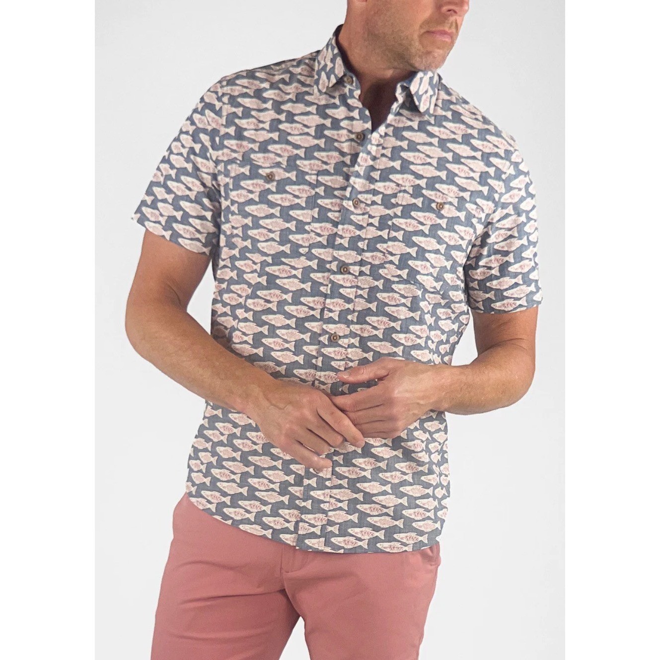 Tailor Vintage Shirt Mens XXL Blue Koi Fish Airotec Stretch Chambray Button Up