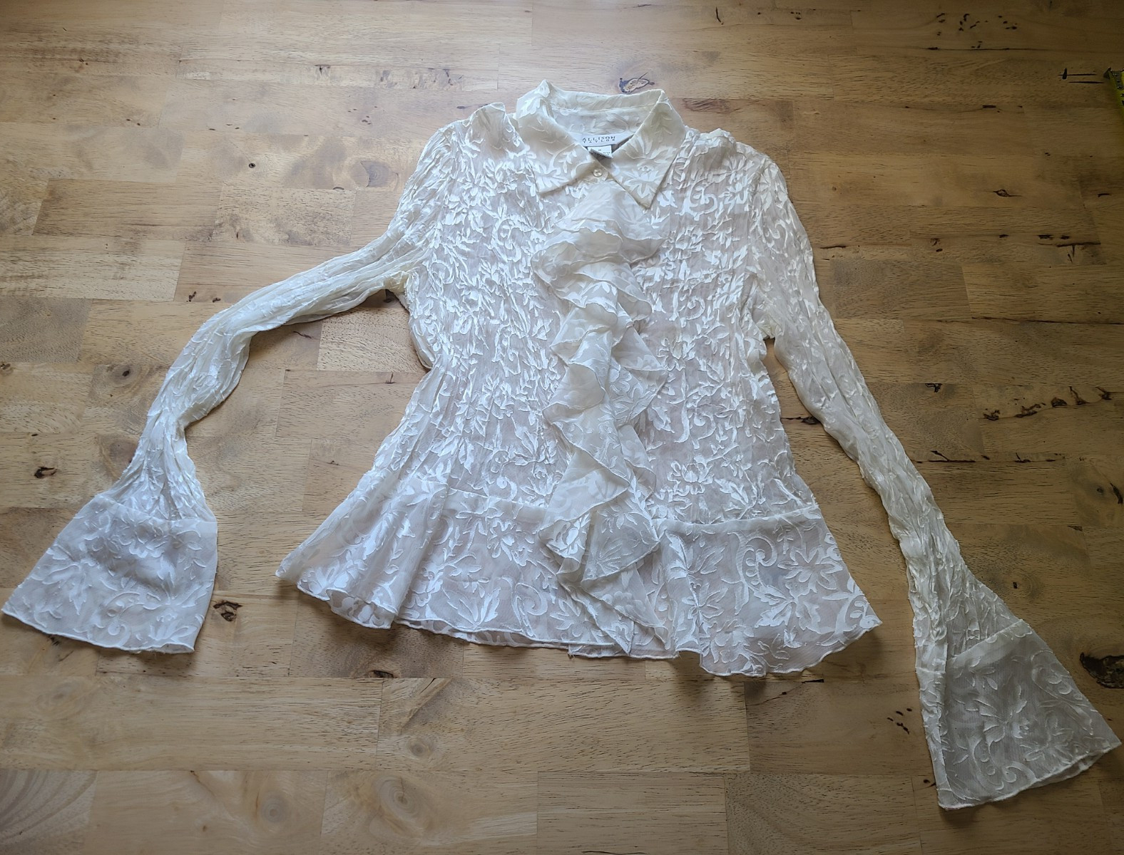 Allison Taylor Women\'s Ivory Floral Sheer Chiffon Ruffle Button Blouse M