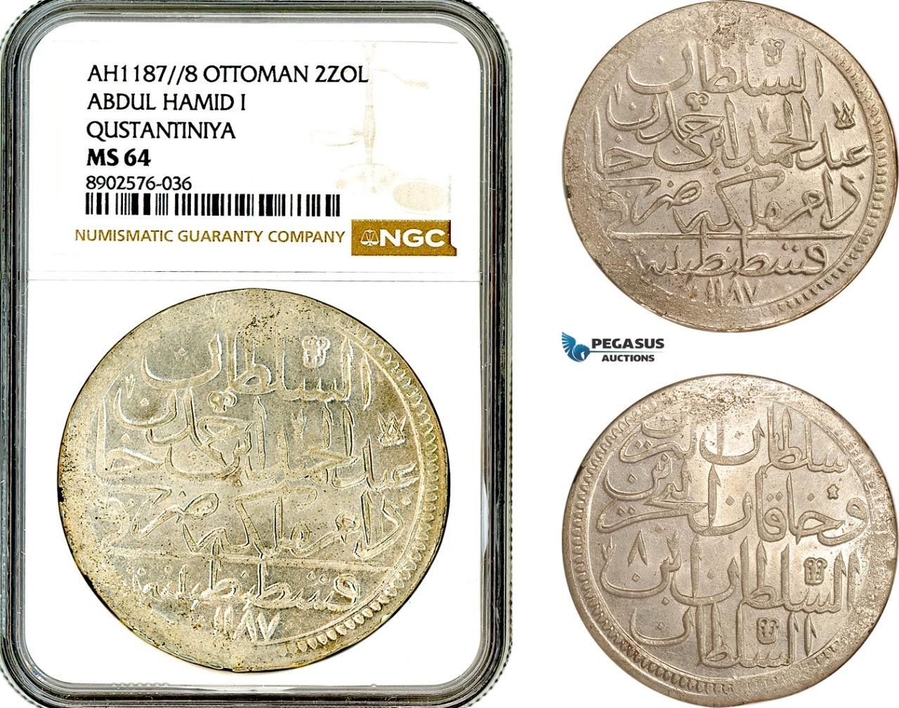 AM526, Turkey, Ottoman Empire, Abdülhamid I, 2 Zolota AH1187//8, NGC MS64