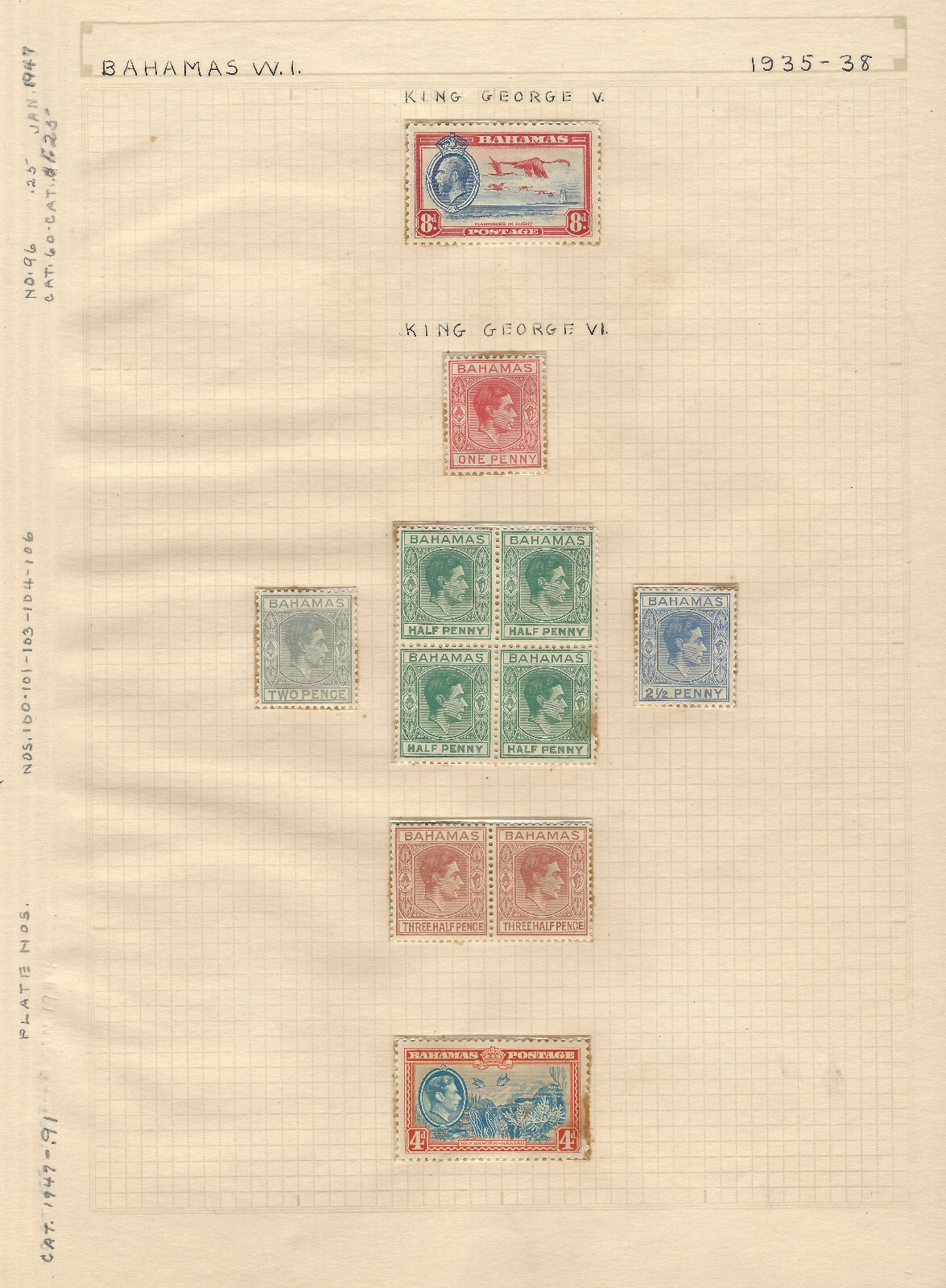 1936-38 BAHAMAS MINT STAMPS #\'s 96, 101-104, 106 ON ALBUM PAGE IN CLEAR HOLDERS