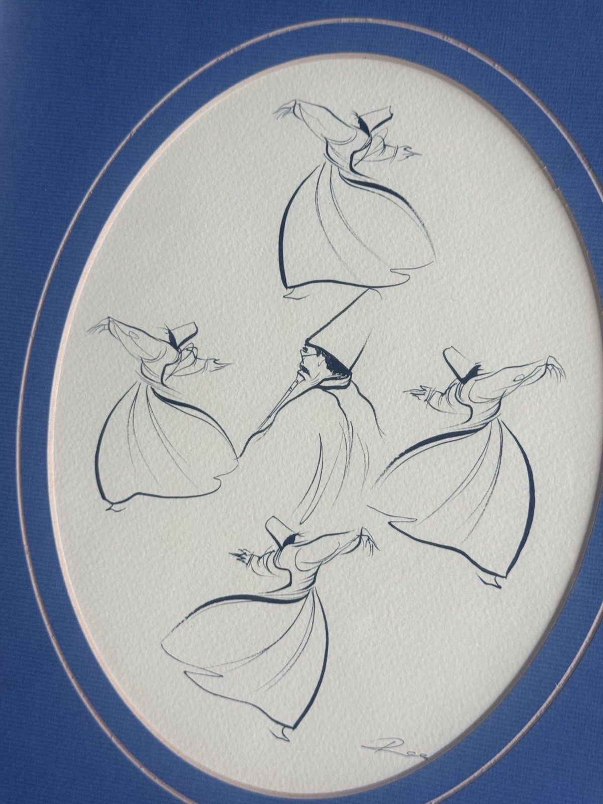 Signed Turkish Sufi Whirling Dervish Art Framed Islamic Mevlevi 11x15