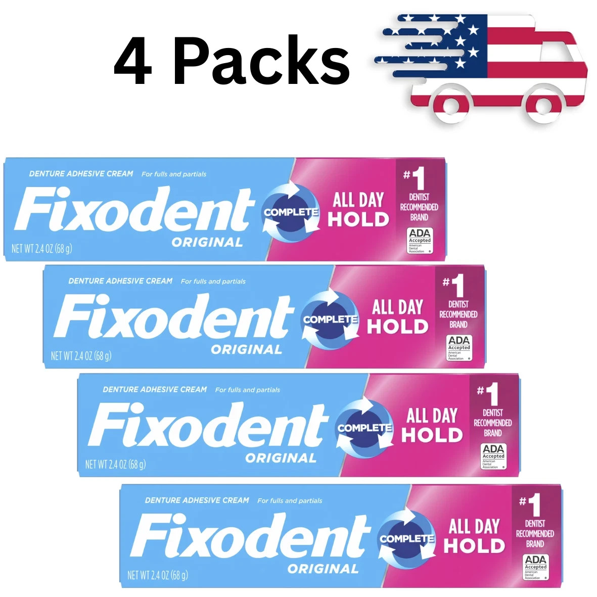 Pack of 4 Fixodent Complete Original Denture Adhesive Cream, All Day Hold 2.4 oz Pack of 4 Fixodent Complete Original Denture Adhesive Cream, All Day Hold 2.4 oz