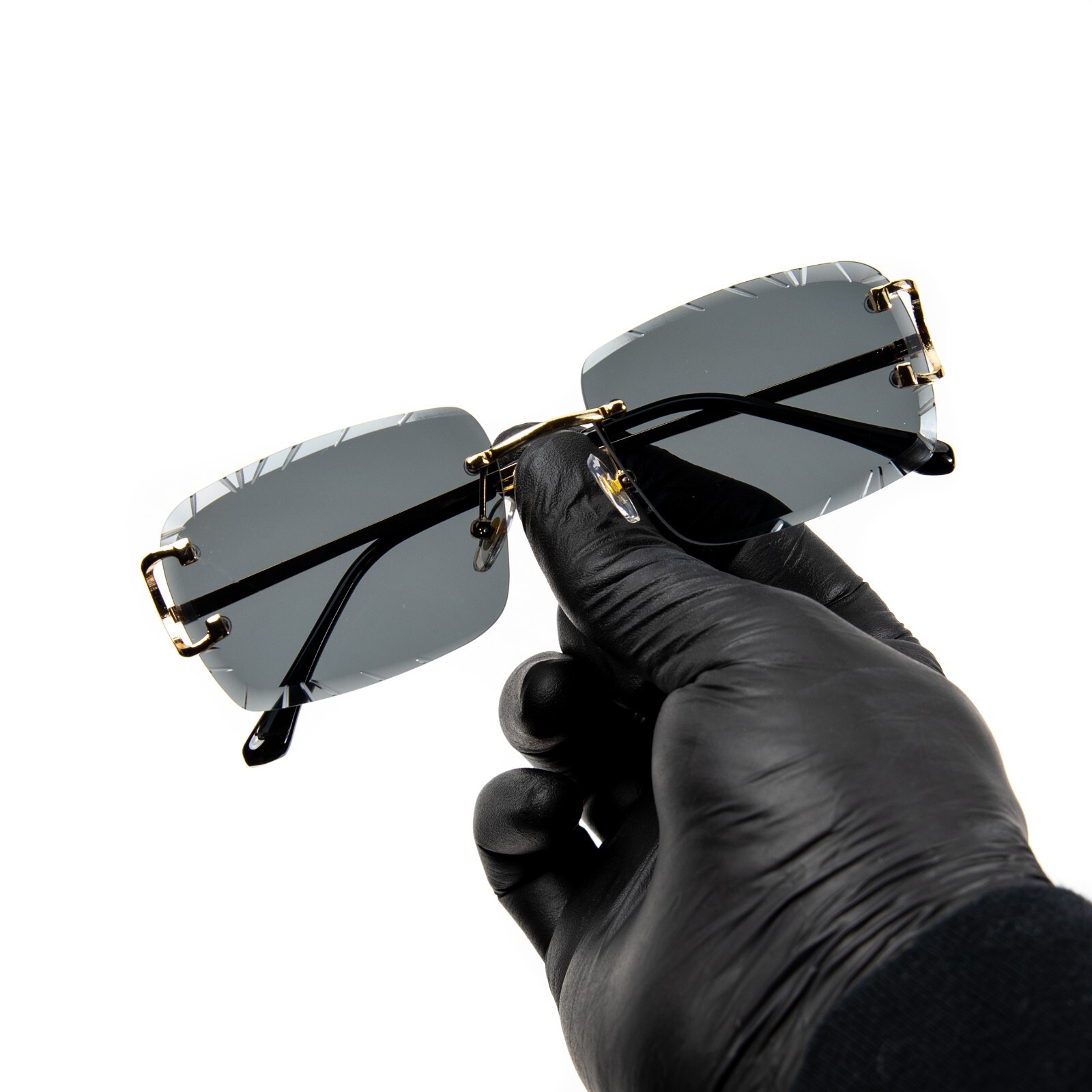 Men\'s Gem Cut Black Tint Gold Frame Hip Hop Rimless Luxury Rectangle Sunglasses