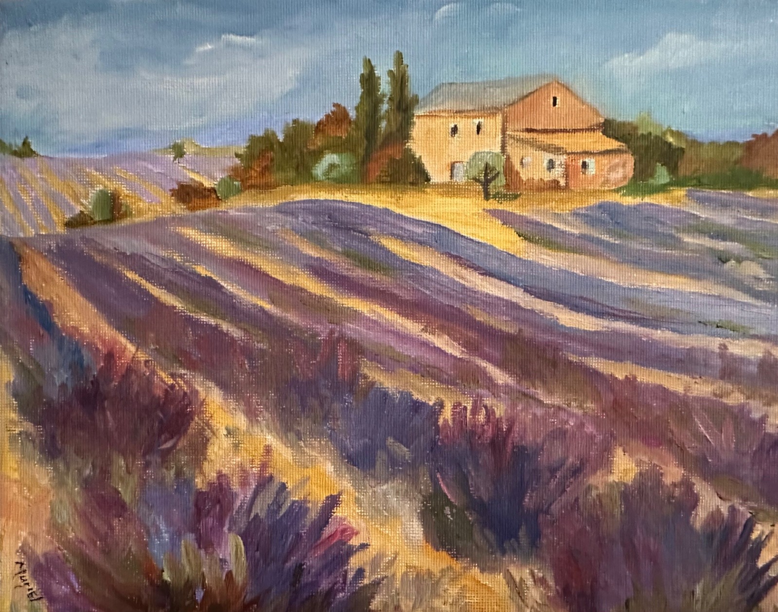Muriello Original 8x10 Impressionist Lavender Field Farmhouse Painting Signed