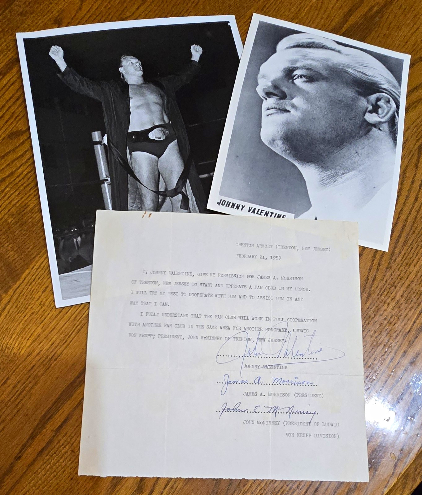 Wrestler Johnny Valentine Original 1959 Signed Fan Club Permission Letter. 