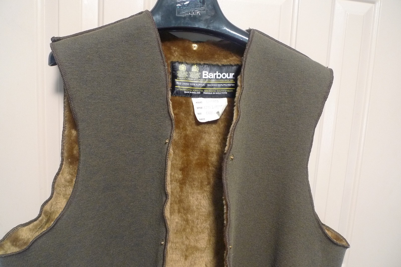 BARBOUR  - A295 SNAP IN LINER -MADE @UK - FOR BORDER, NORTHUMBRIA - 40 - VINTAGE