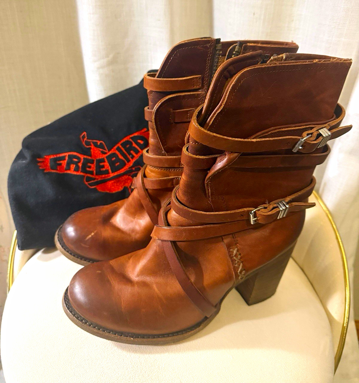 Freebird Baker Brown Leather Ankle Bootie Boots Zip Buckle Strap US 8