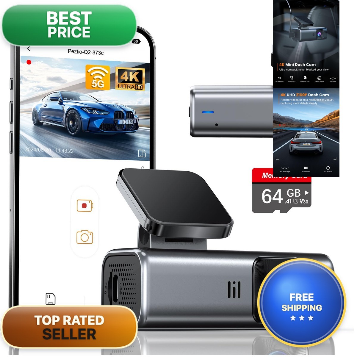 galphi Q2-SILVER 4K Dash Cam Front 64GB Card Included galphi Q2-SILVER 4K Dash Cam Front 64GB Card Included
