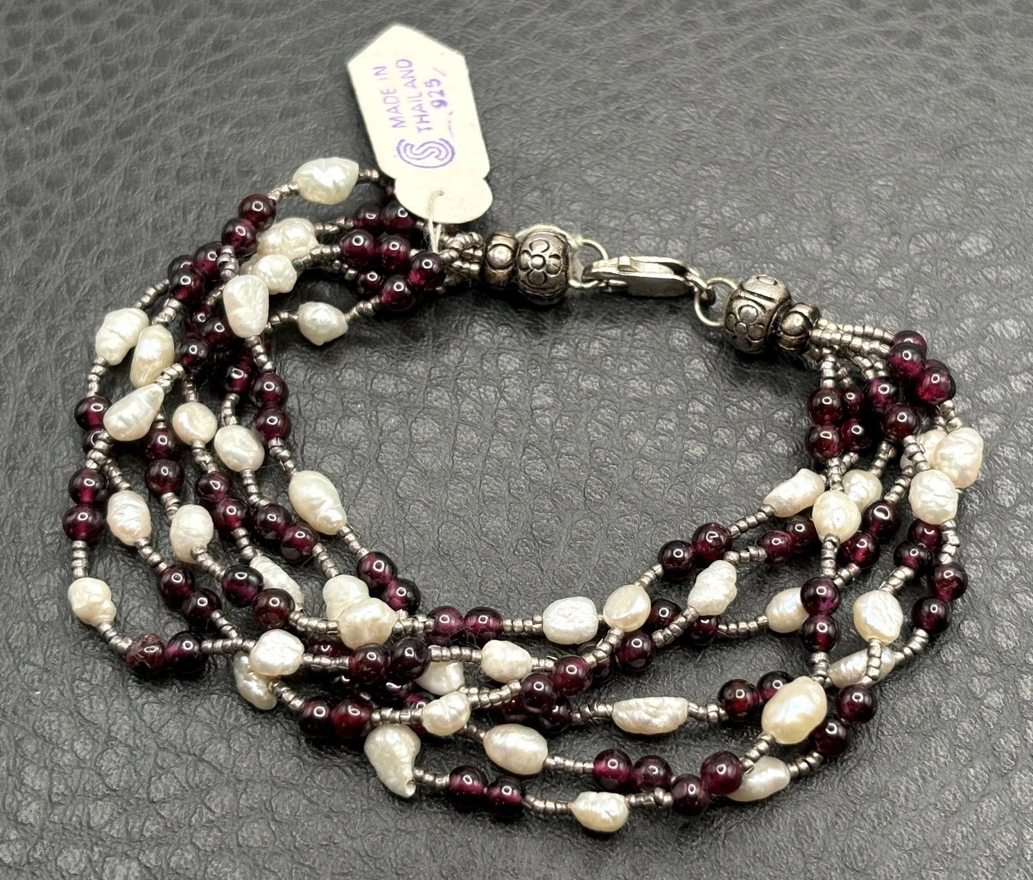 VTG Thai Sterling Silver Garnet & Pearl Bali 925 Beaded Multi Strand Bracelet