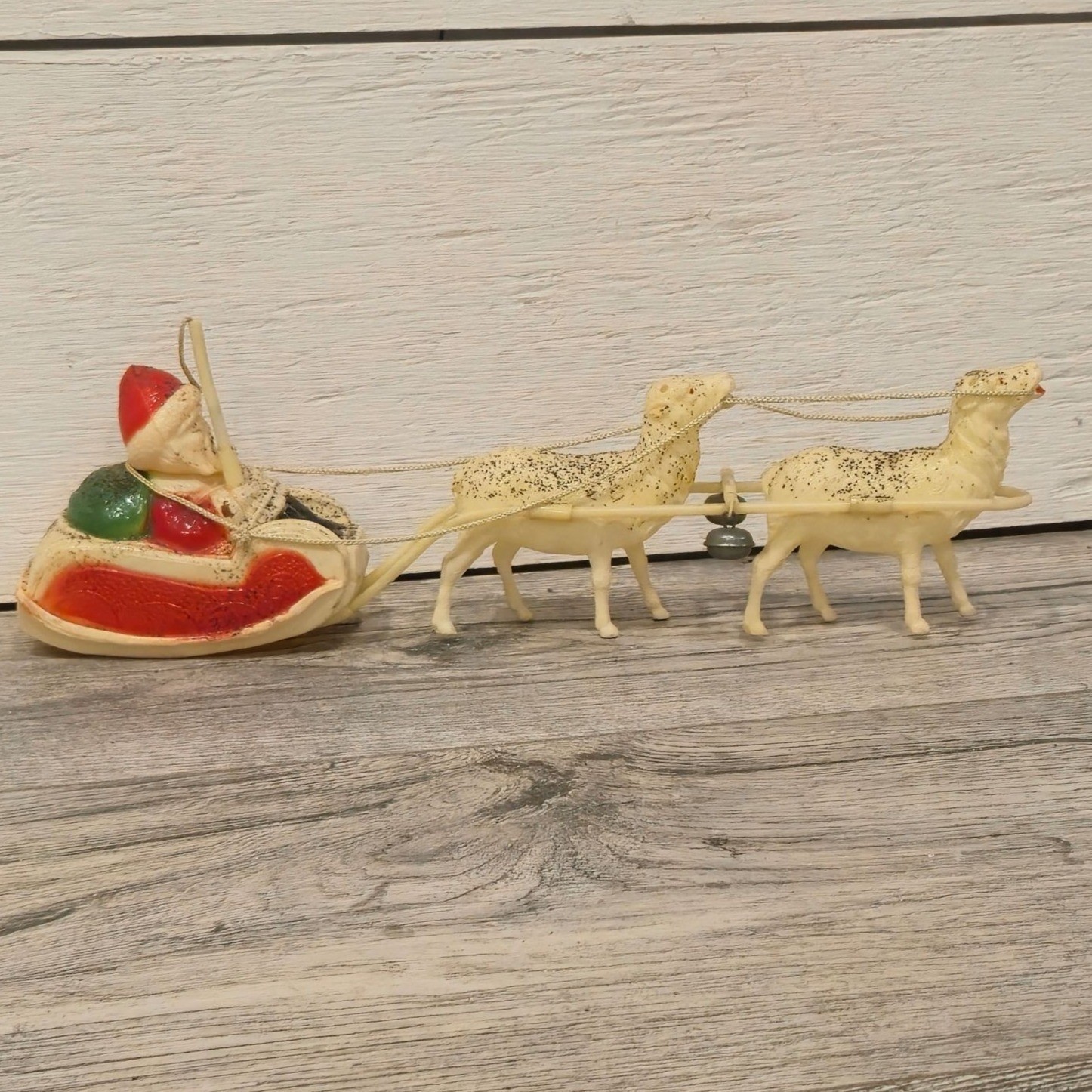 Antique Celluloid Santa Sleigh & Reindeer Glitter Bells Christmas collectible Antique Celluloid Santa Sleigh & Reindeer Glitter Bells Christmas collectible