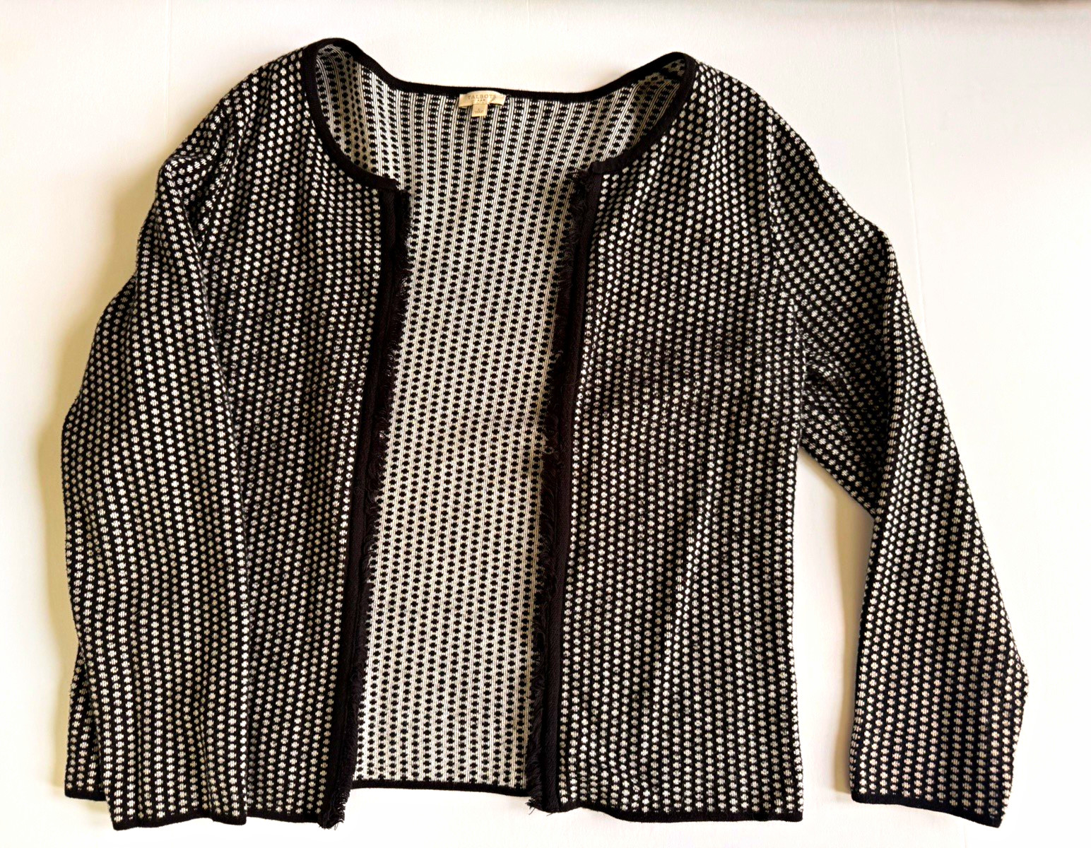 Talbots Womens L Black & White Geometric Open Front Cardigan Jacket Talbots Womens L Black & White Geometric Open Front Cardigan Jacket