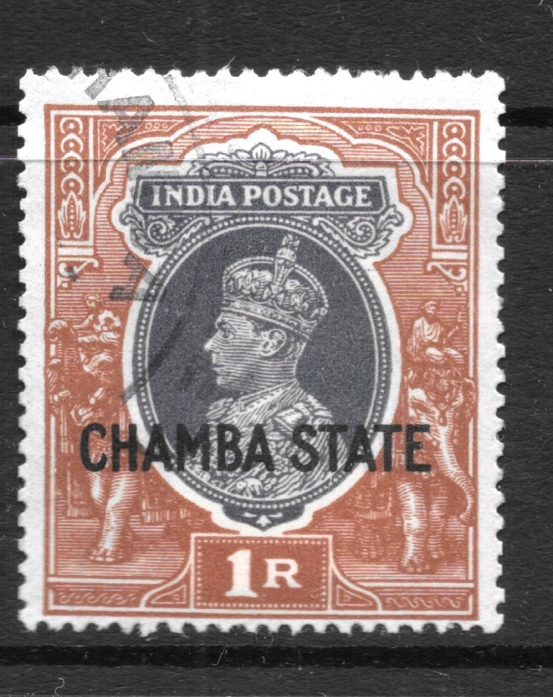 1938 CHAMBA STATE, SG94 USED, CAT £150 1 RUPEE, KGVI, KG6, INDIA INDIAN STATES