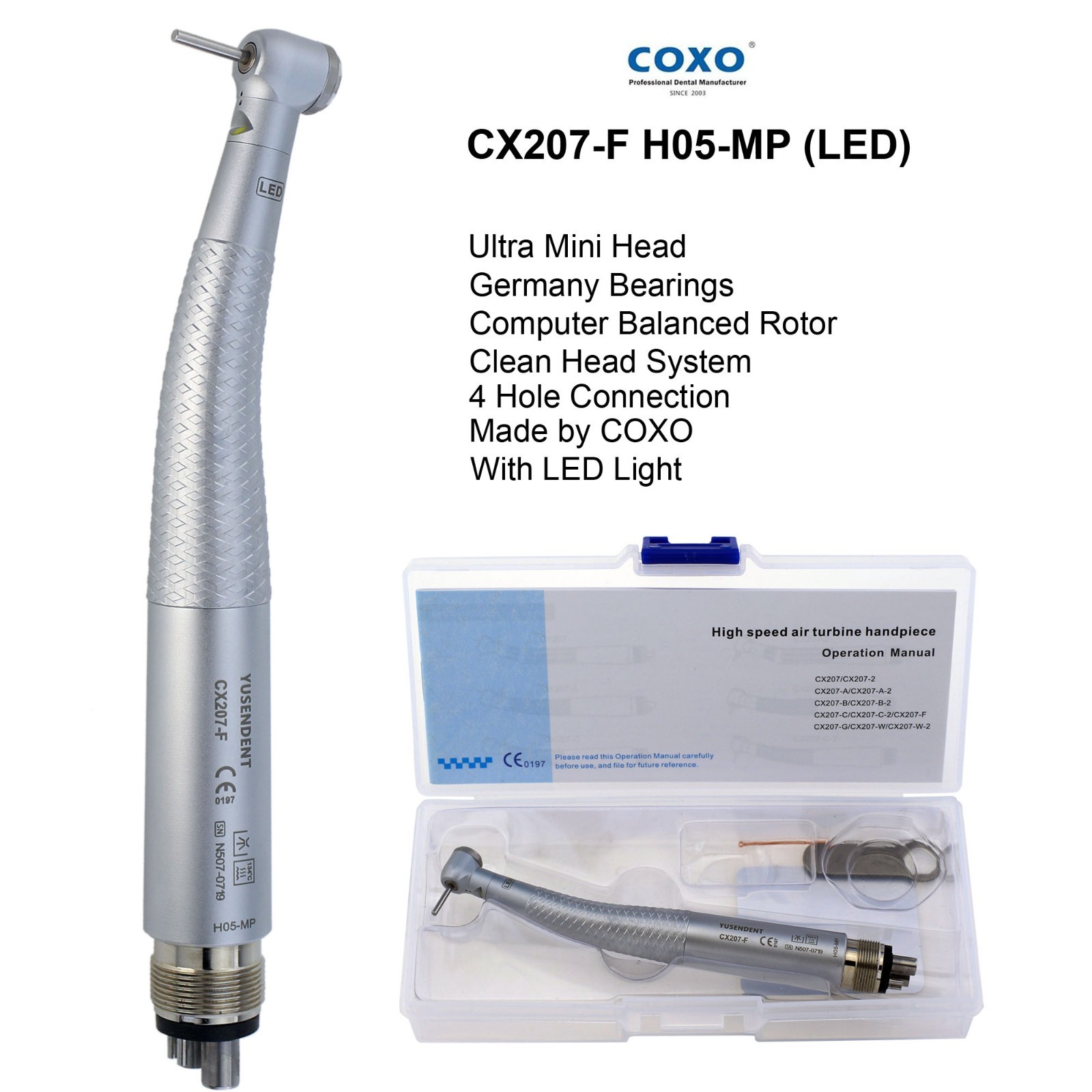 COXO Dental High Speed Handpiece 4 Hole LED Turbine E Generator Mini Head CX207 COXO Dental High Speed Handpiece 4 Hole LED Turbine E Generator Mini Head CX207