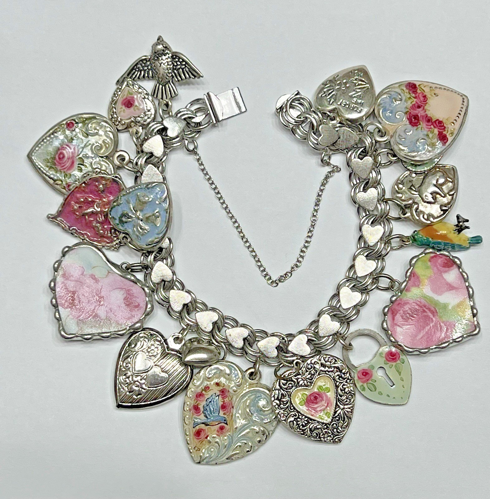 Vintage Puffy Heart Charm Bracelet Sterling Silver Estate Charms Mixed Metals US