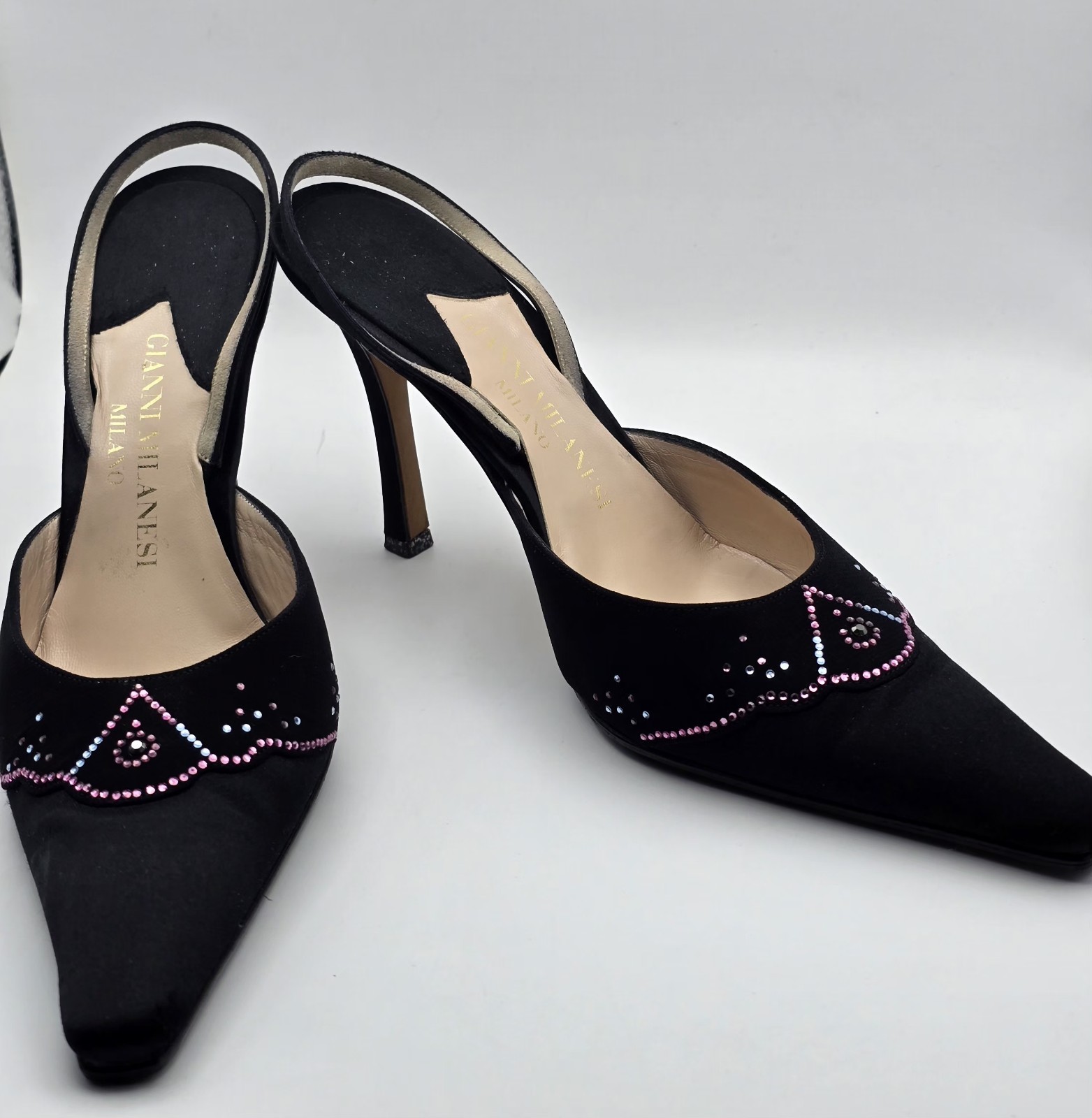 Gianni Milanesi Milano Women\'s Black Satin shoes With Crystals Size 39 Italy Gianni Milanesi Milano Women\'s Black Satin shoes With Crystals Size 39 Italy