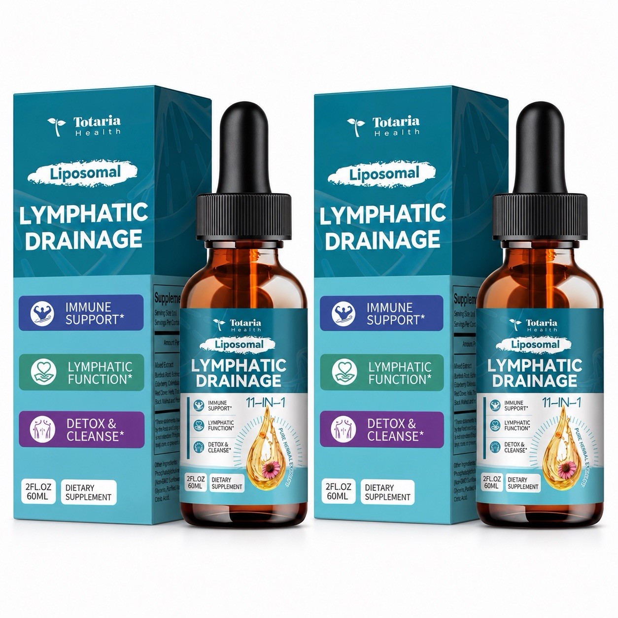 2 Pack Totaria Liposomal Lymphatic Drainage Drops 11-in-1 2 Fl Oz Each