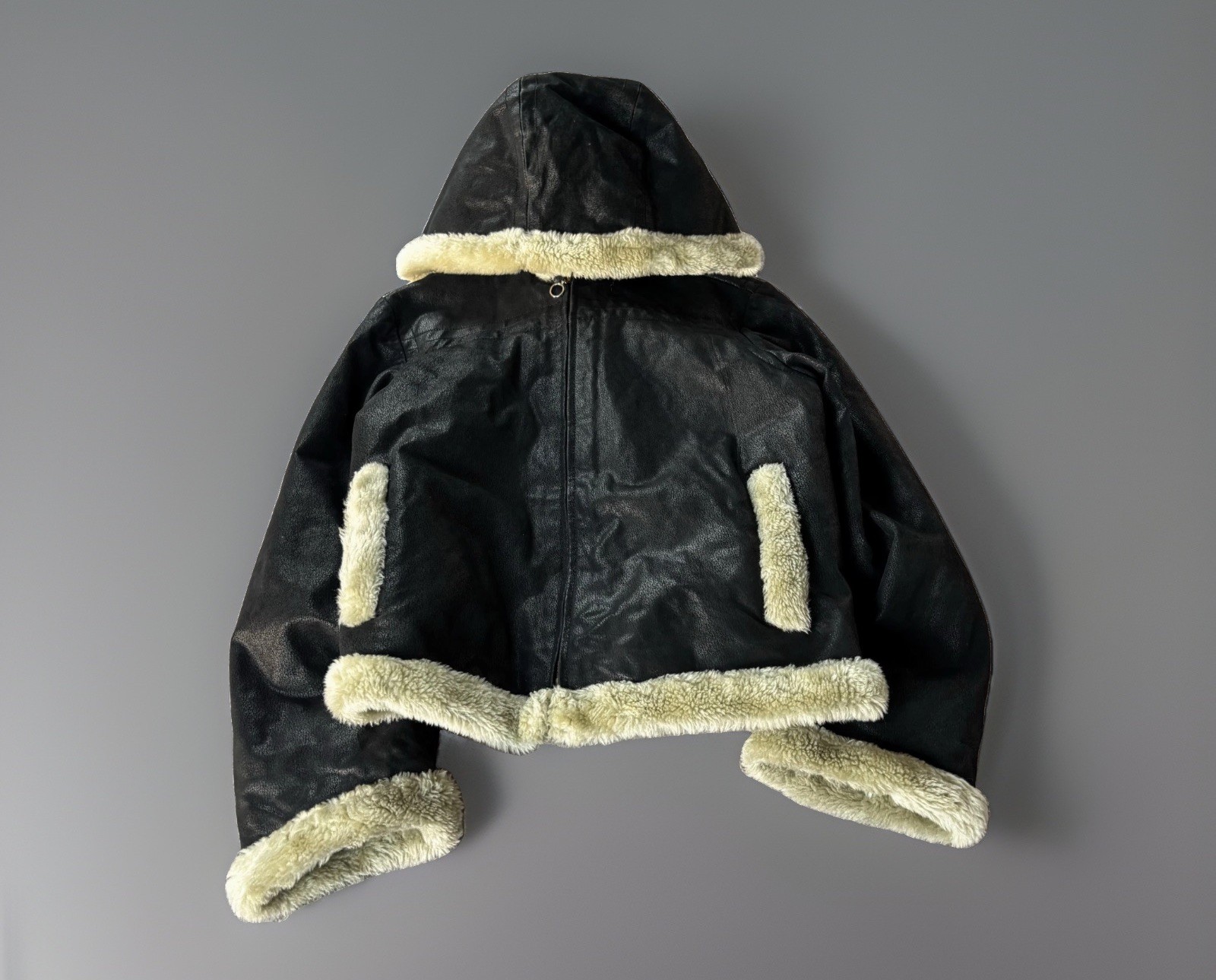 Vera Pelle Made in Italy Fur Real Leather Shearling Hooded Aviator Jacket 90s