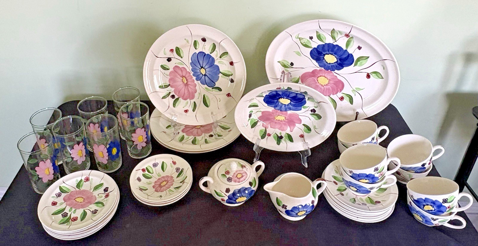 Blue Ridge Southern Potteries 38-Pc Set-Cumberland-w/Matching Tumblers-Vtg 1940s