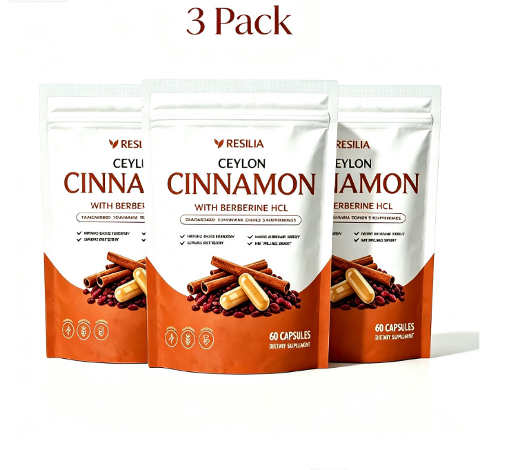 3Pack Resilia Ceylon Cinnamon With Berberine HCL 60 Capsules