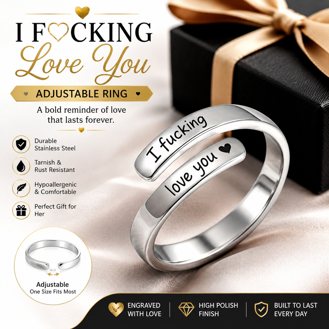 I F♡Cking Love You Ring for Women, Hope Rings Adjustable Stainless Steel Silver I F♡Cking Love You Ring for Women, Hope Rings Adjustable Stainless Steel Silver