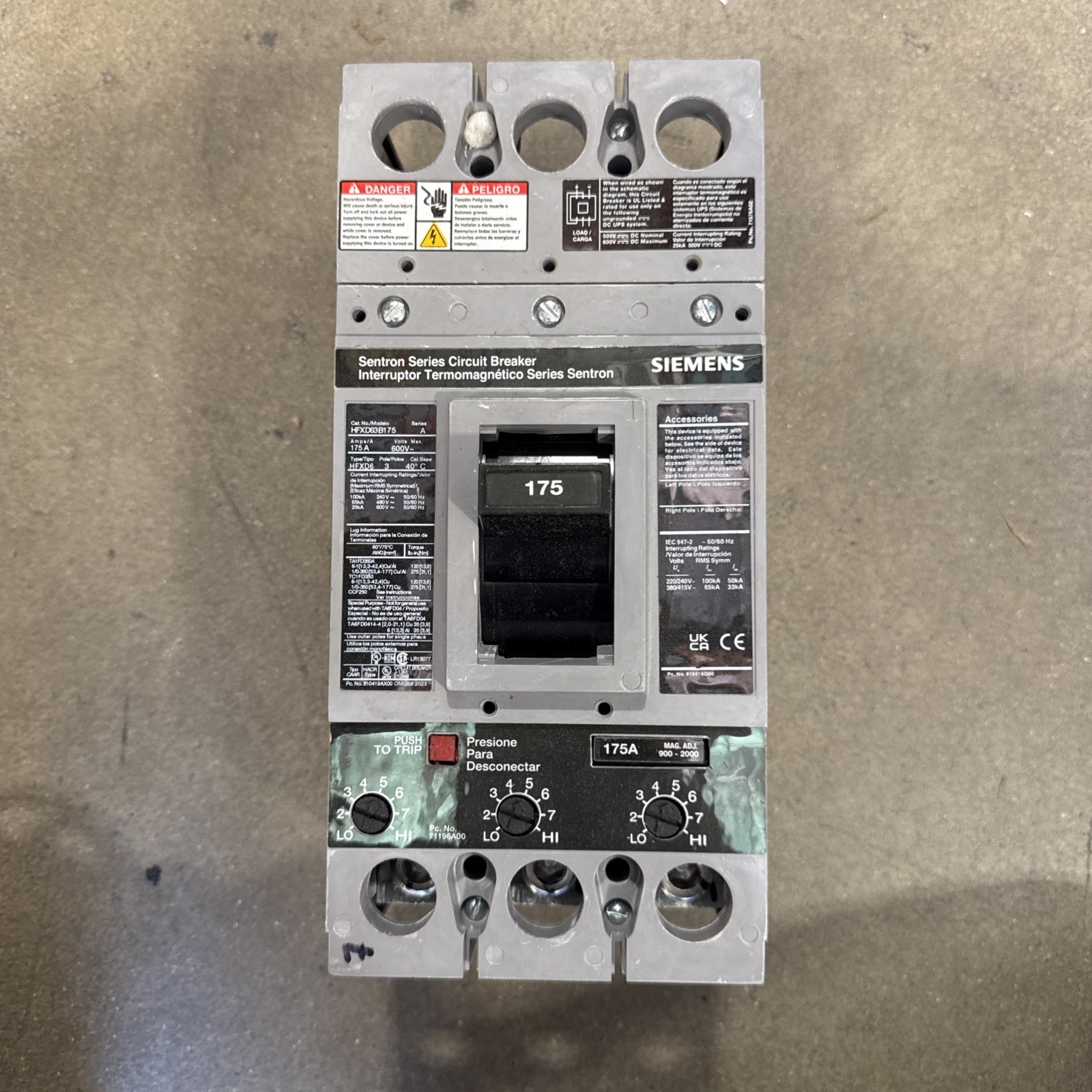 Siemens HFXD63B175 Sentron Circuit Breaker 175A 3 Pole 600V FD Frame Molded Case