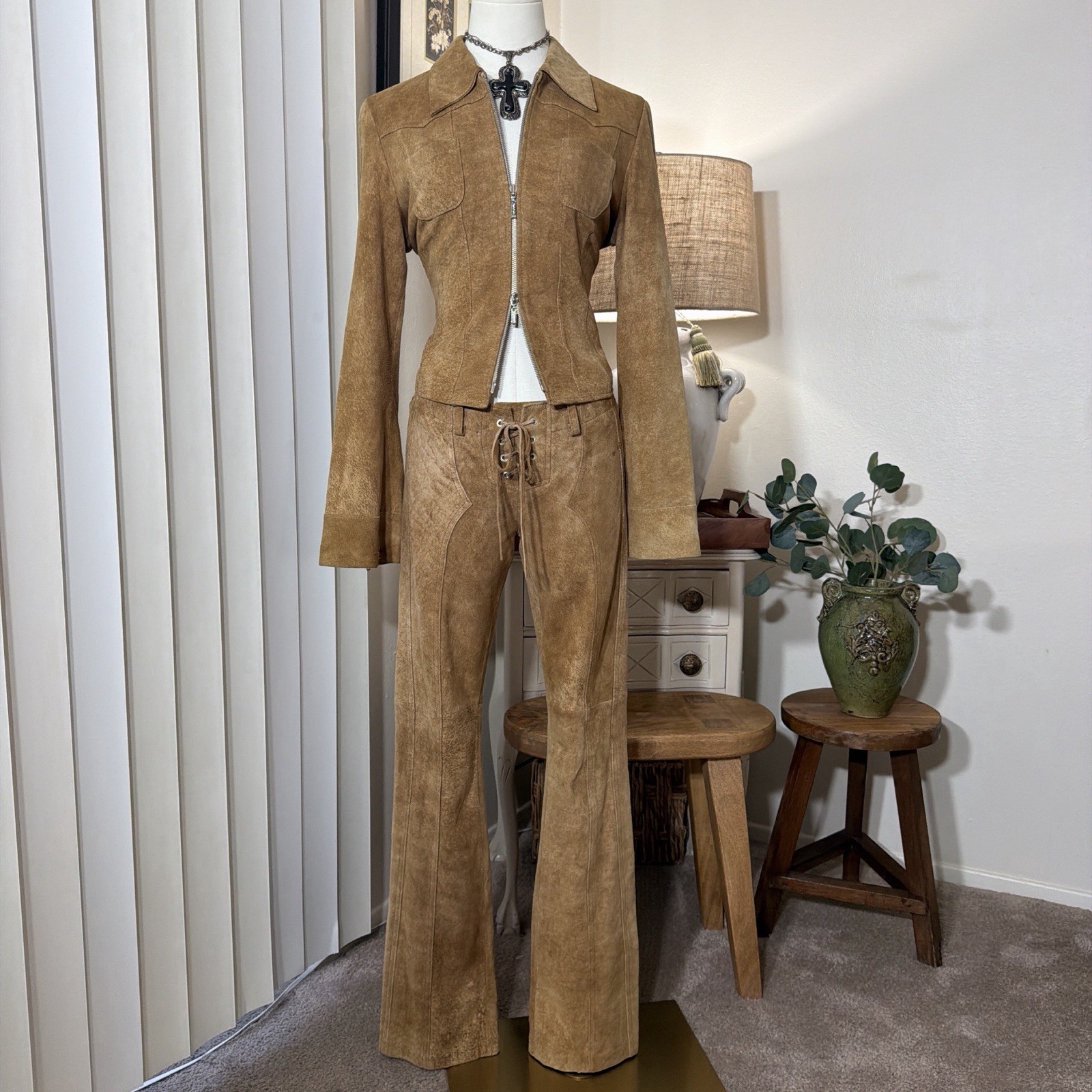 Vintage Bebe Suede Leather Boho Western Grunge Jacket Pants Two Piece Set