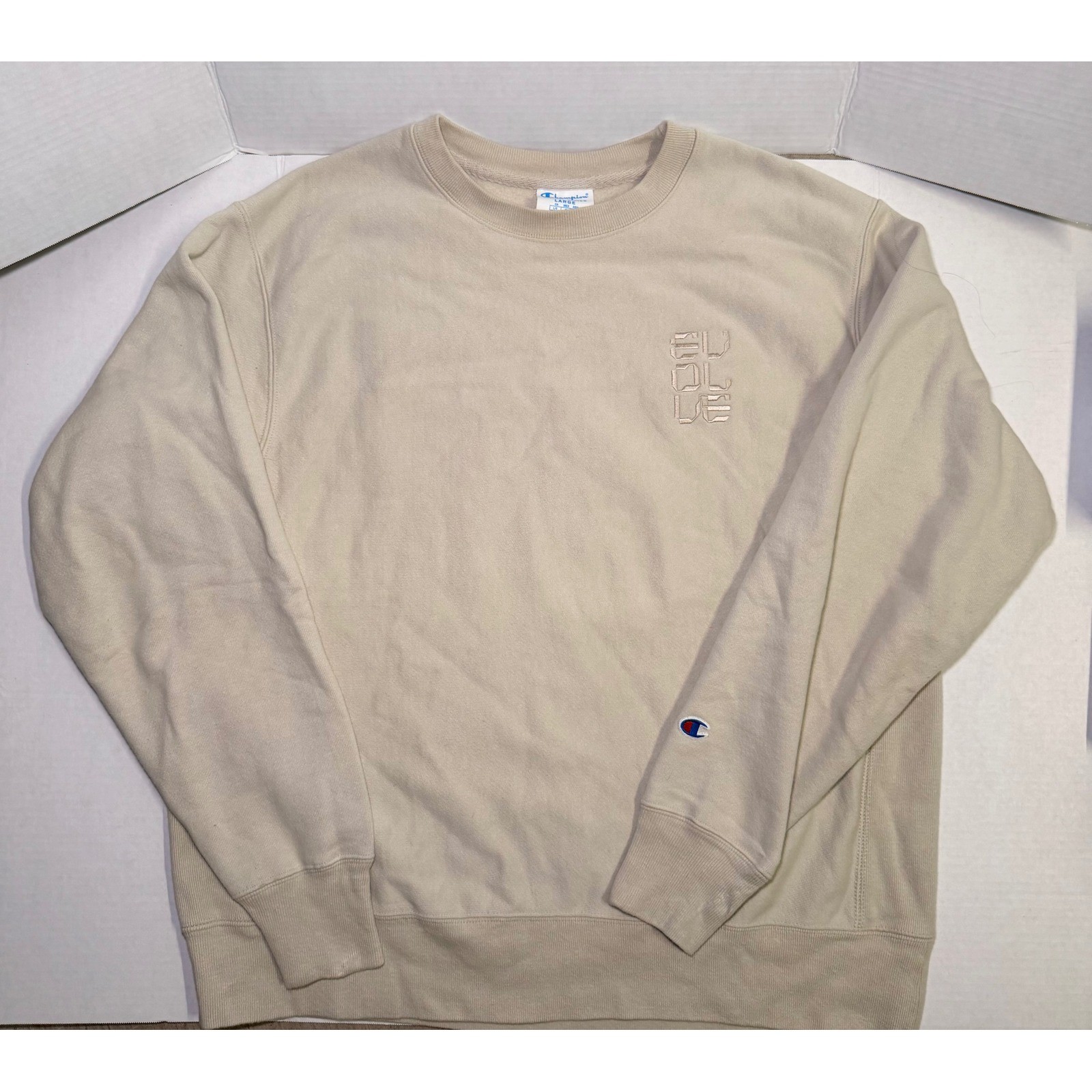 Champion Reverse Weave Evolve Sweatshirt Mens Large Oatmeal Beige Infinity Logo