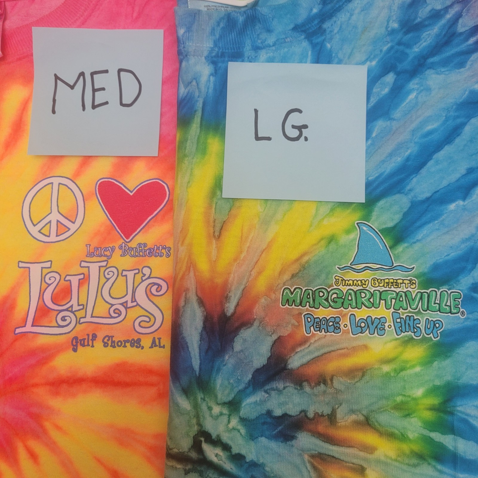 LuLu\'s Buffett Sz Med. Sister of Jimmys Sz. XL Peace-Love-Fins Up. 2 T-Shirts 