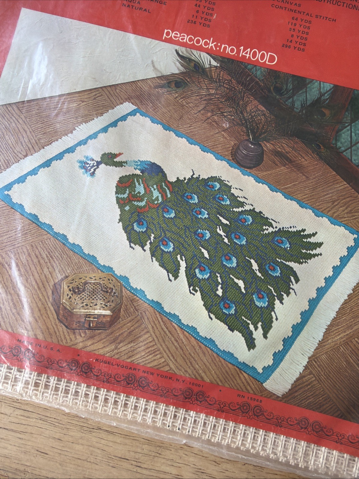 VTG Kugel Vogart Peacock Painted Needlepoint Rug Canvas 24x40 Wall Hanging