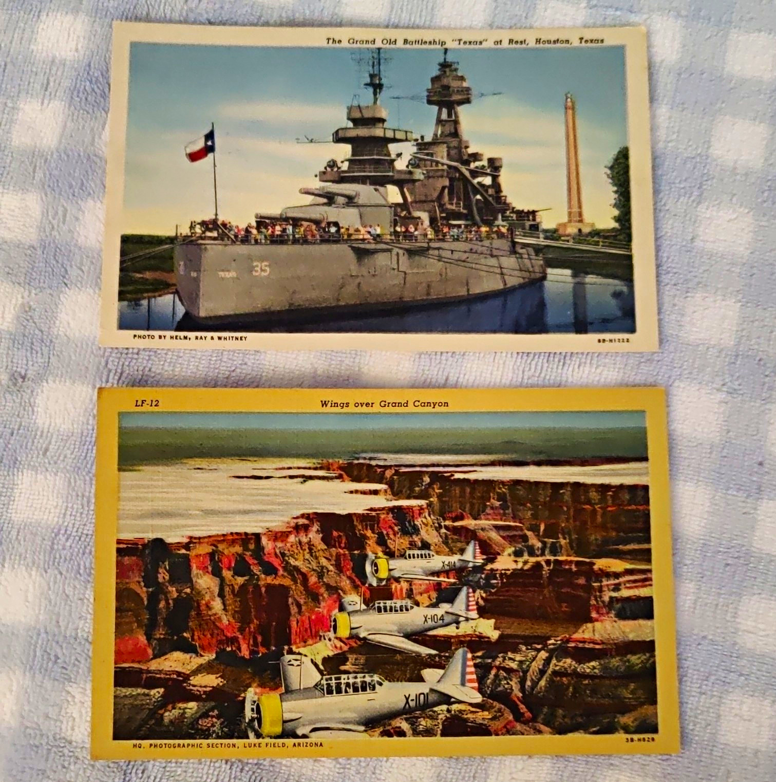 Vtg 1940s Linen Postcard Lot (2) – USS Texas BB-35 & WWII Grand Canyon Planes