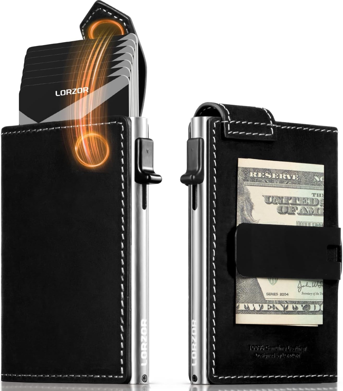 Slim Wallet for Men with Security Latch, Pop Up Metal Card Holder Wallet, Fin...
