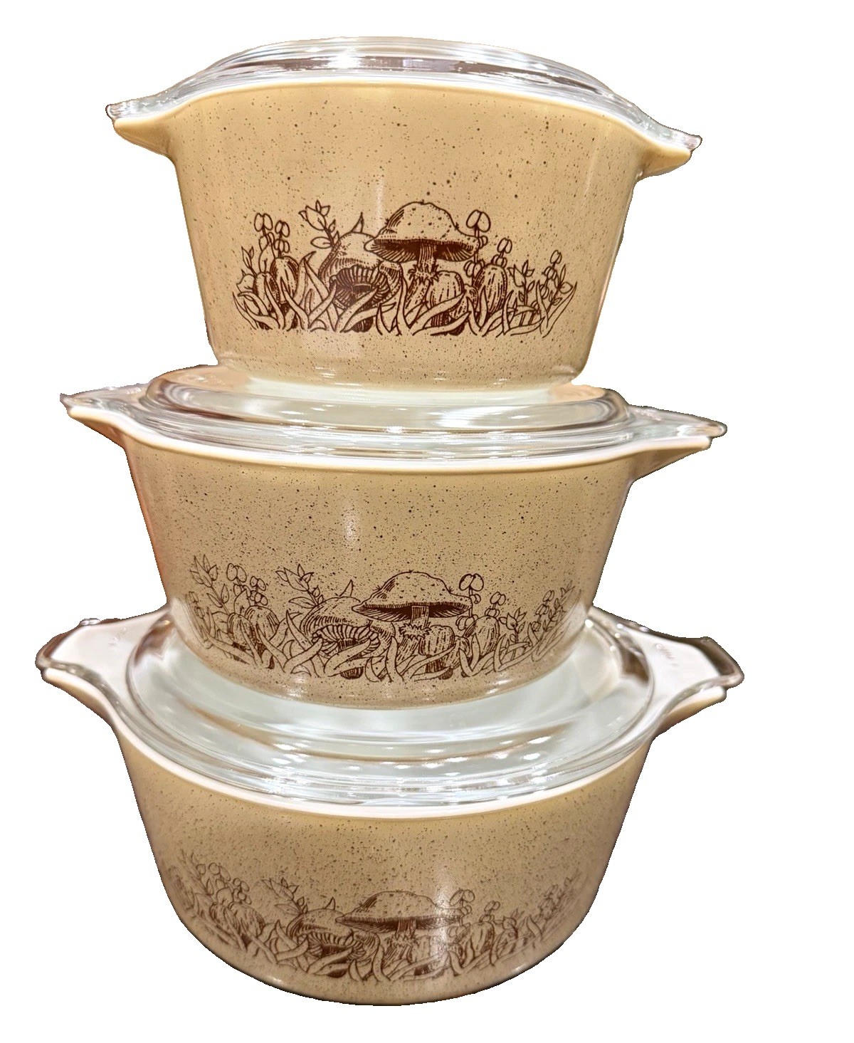 Vintage 1981 Pyrex FOREST FANCIES set of 3 Casseroles w/ lids Mushroom pattern