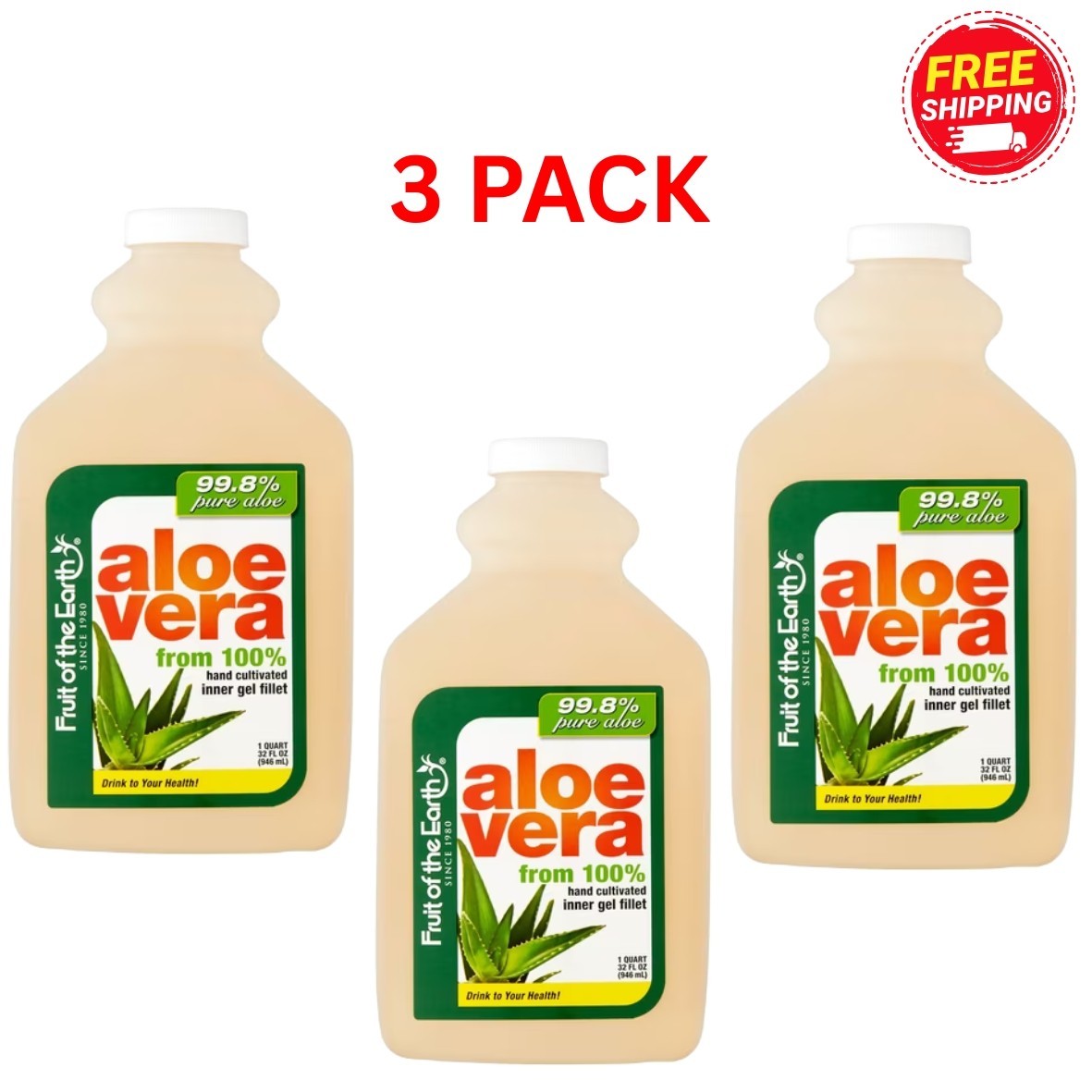 3 Fruit Of The Earth Aloe Vera Juice 100% Hand Cultivated Inner Gel Fillet 32oz