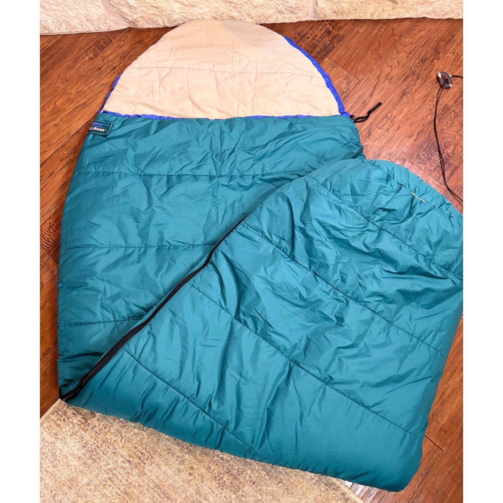 LL Bean Vintage Mummy Sleeping Bag Teal, Tan, Blue Down Filled