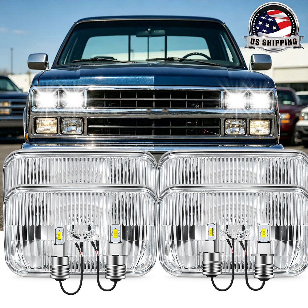 4PCS GLASS LED Headlight For 1988-1991 GMC C2500 K2500 H4701 H4703 High Low Beam