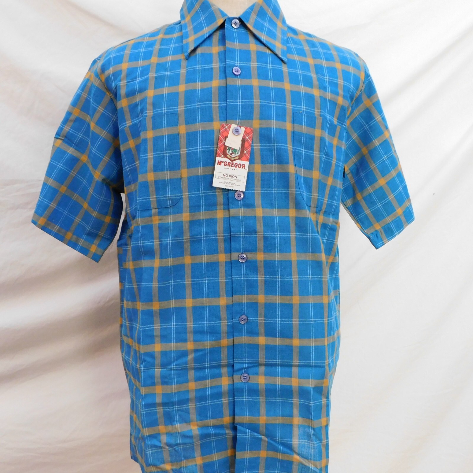 New Vtg 60s McGregor L Long Scotset Blue Plaid Short Sleeve Shirt Longfellow