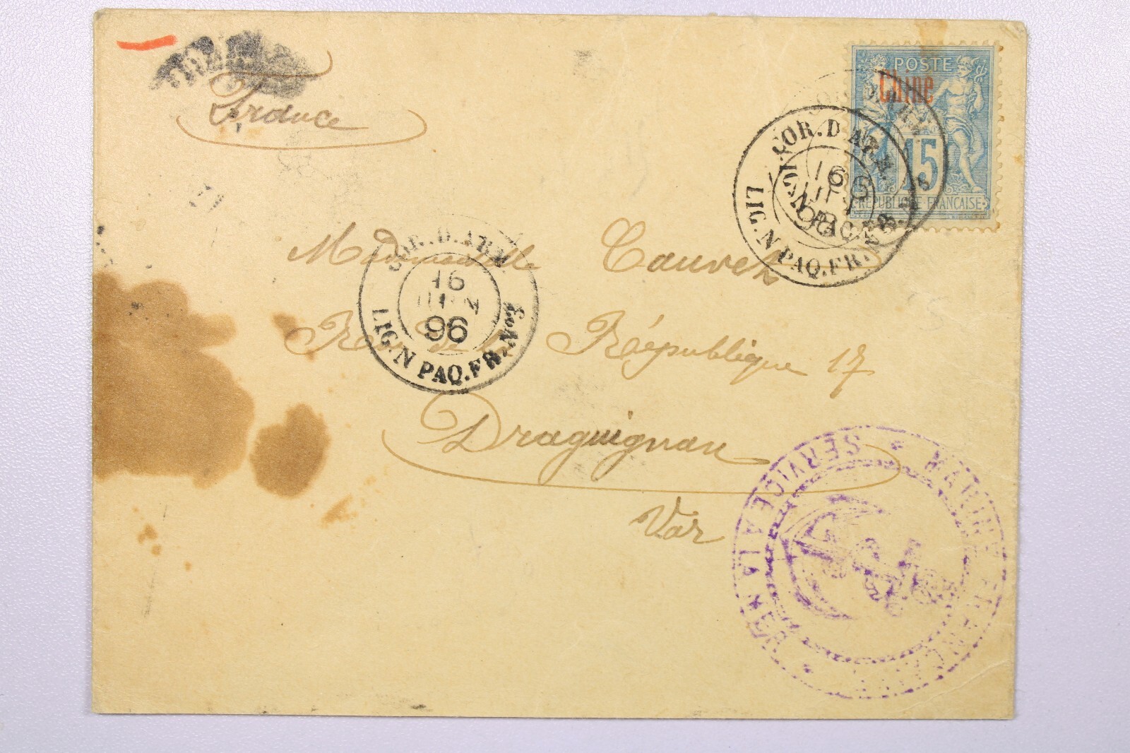 France Offices China 1896 Naval Military Cover to France - L40087 France Offices China 1896 Naval Military Cover to France - L40087