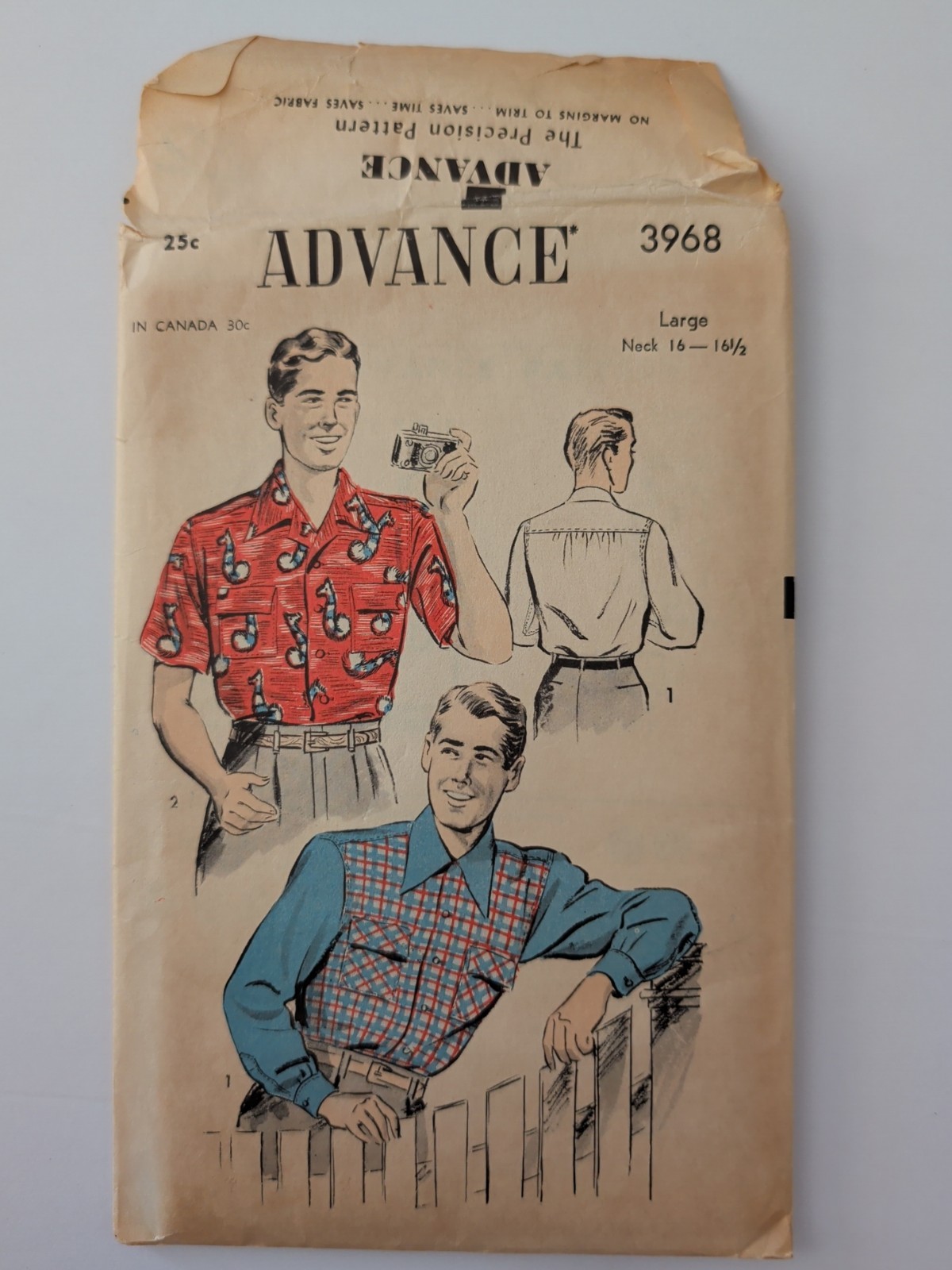 ​Vintage Mens 40s Shirt Advance Pattern 3968 Large Long & Short Sleeve 16-16½